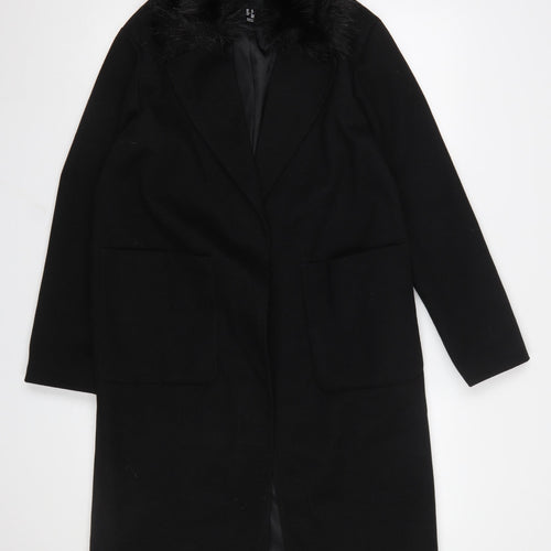 New Look Women's Black Faux Fur Collar Long Wool Blend Coat UK 10