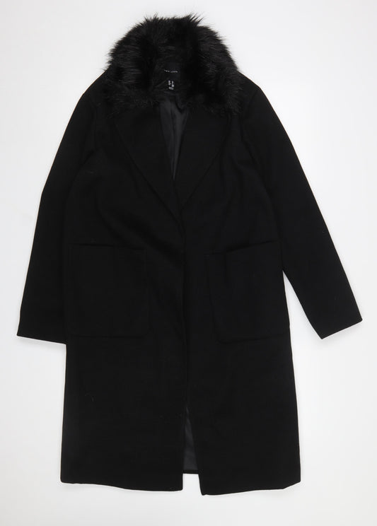 New Look Women's Black Faux Fur Collar Long Wool Blend Coat UK 10