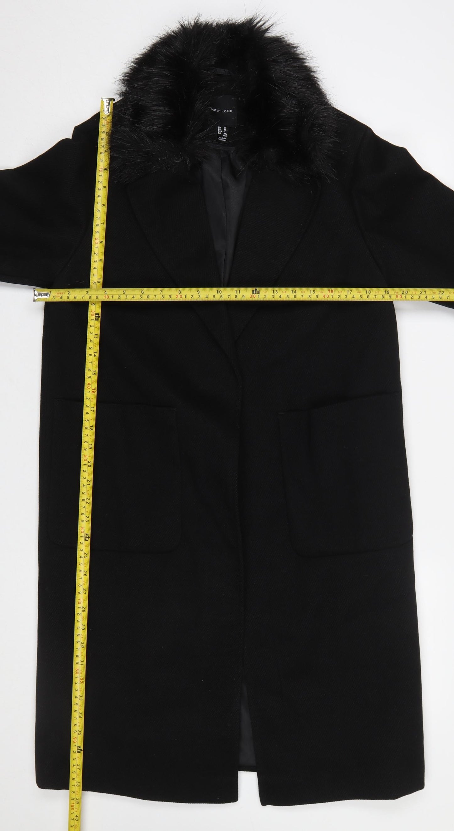 New Look Women's Black Faux Fur Collar Long Wool Blend Coat UK 10