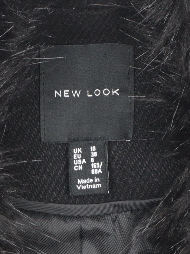 New Look Women's Black Faux Fur Collar Long Wool Blend Coat UK 10