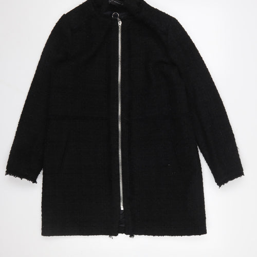 Zara Woman Black Mid-Length Zip Tweed Coat Women Size 12