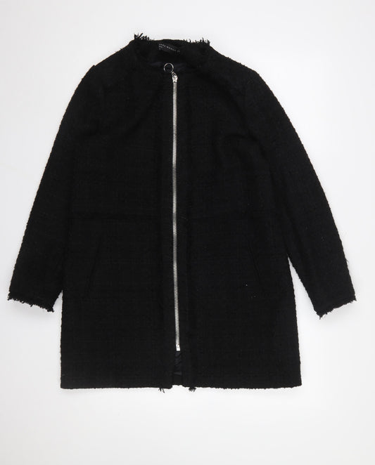 Zara Woman Black Mid-Length Zip Tweed Coat Women Size 12