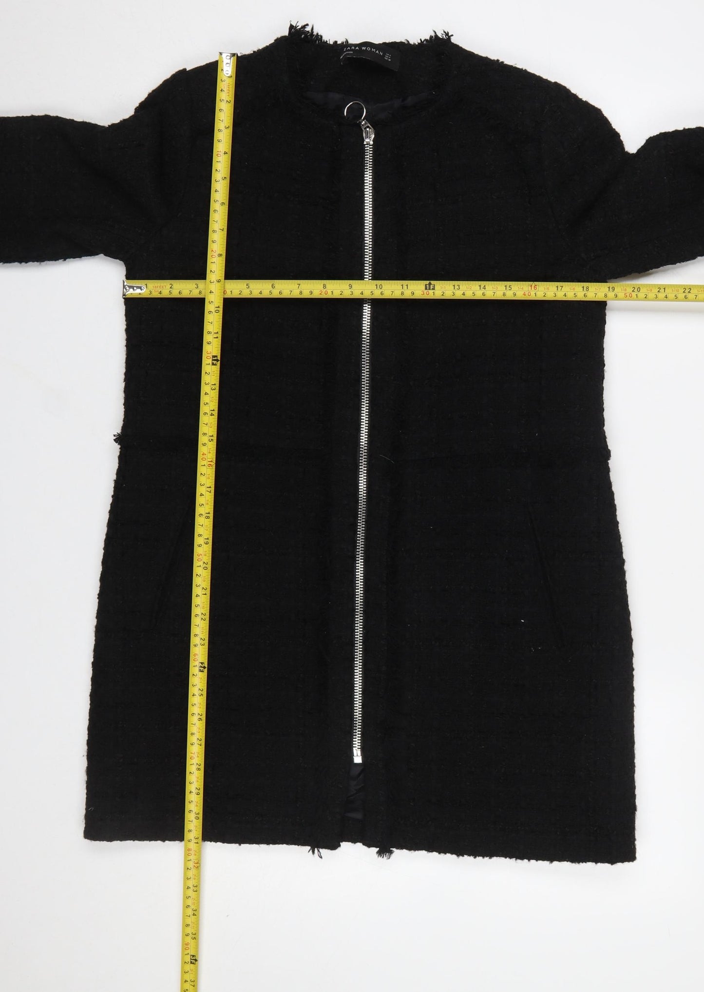 Zara Woman Black Mid-Length Zip Tweed Coat Women Size 12