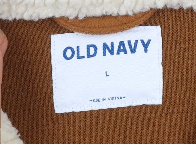 Old Navy Women Brown L Lined Button Fleece Bomber Jacket