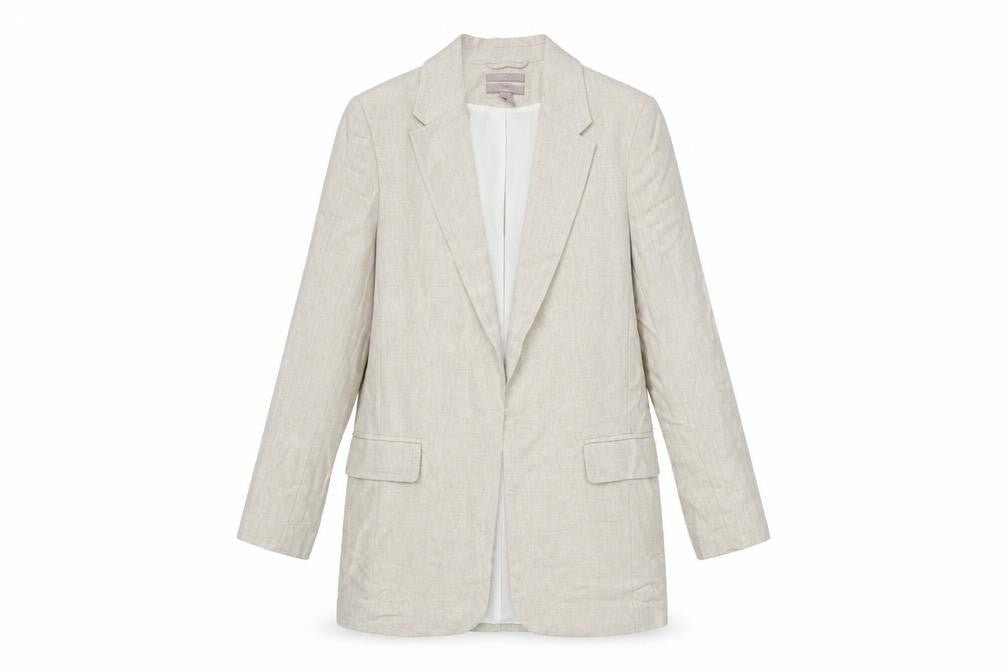 Front view of H&M Women's Beige Linen Blend Single-Breasted Blazer XS