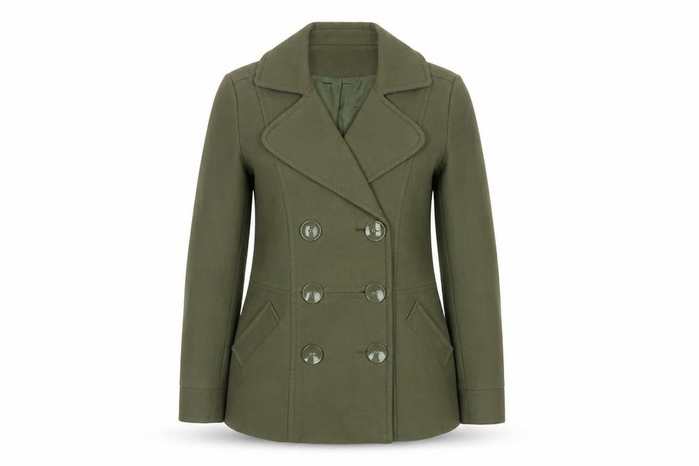 Front view of Cotton Traders women’s green, size UK 12, pea coat mid-length jacket