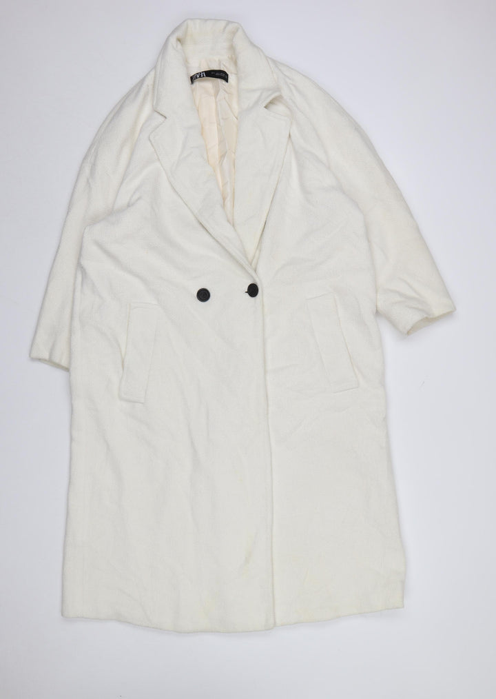 ZARA Women's Ivory Wool Blend Long Overcoat Size 16