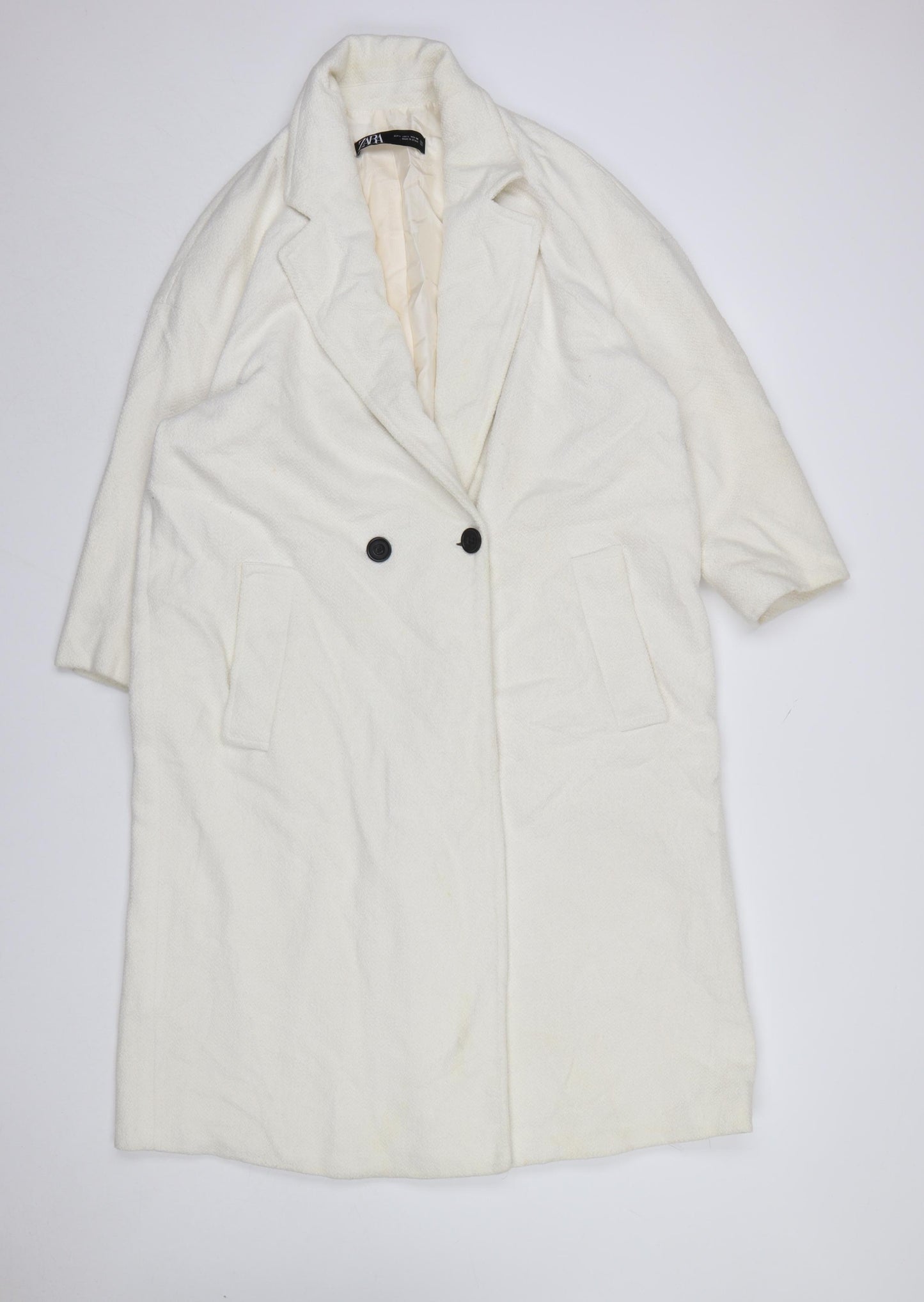 ZARA Women's Ivory Wool Blend Long Overcoat Size 16