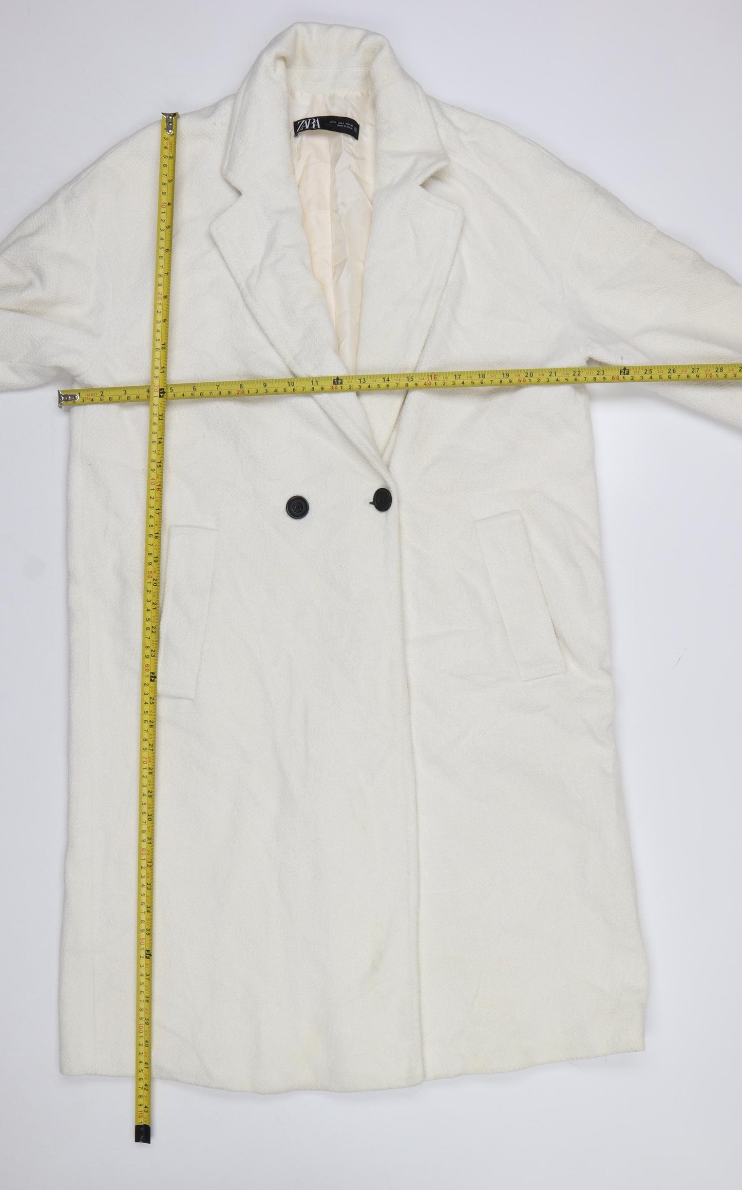 ZARA Women's Ivory Wool Blend Long Overcoat Size 16