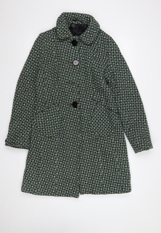 Topshop Women's Green Check Wool Blend Mid-Length Coat Size 10