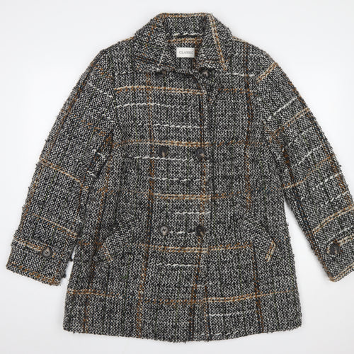 Marks and Spencer Women Grey Checked Wool Blend Mid-Length Coat Size 14
