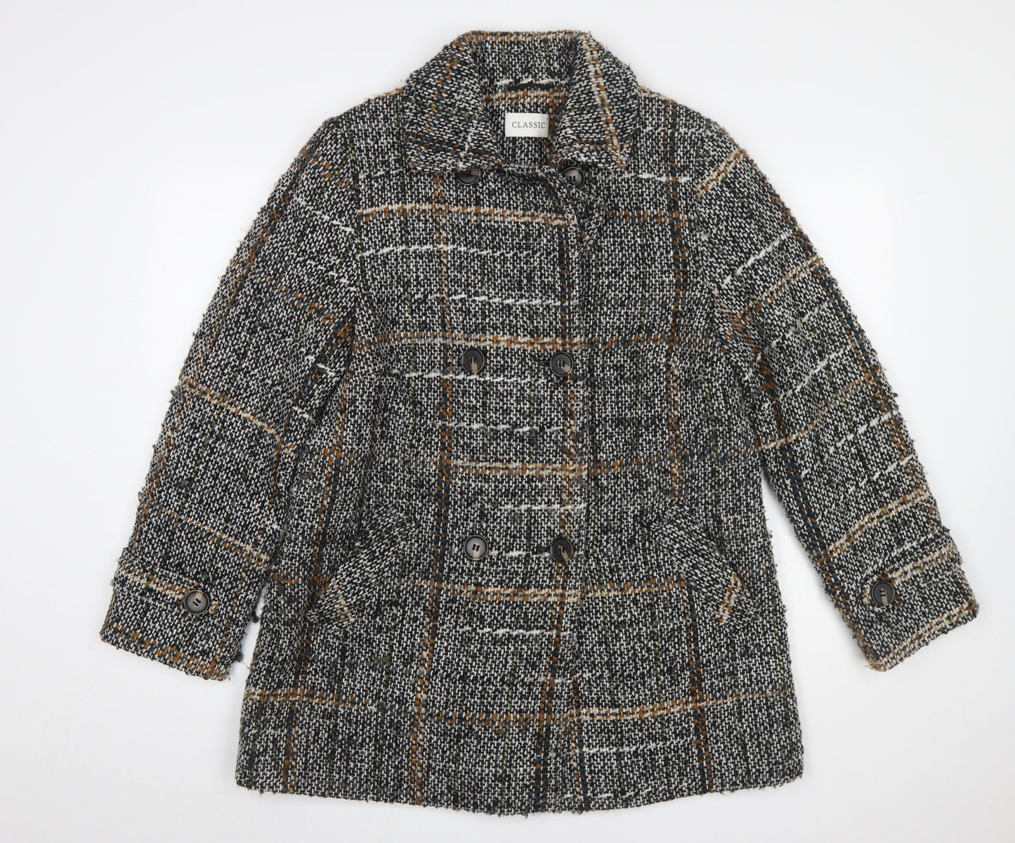 Marks and Spencer Women Grey Checked Wool Blend Mid-Length Coat Size 14