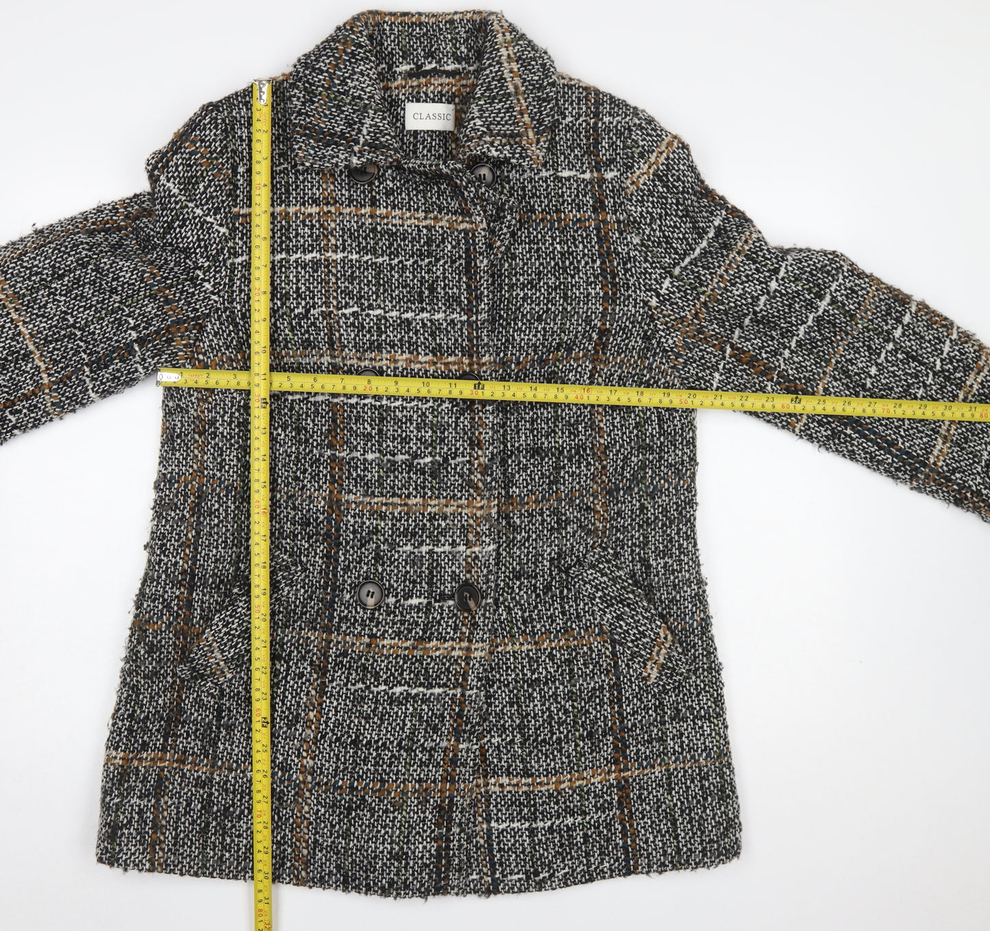 Marks and Spencer Women Grey Checked Wool Blend Mid-Length Coat Size 14