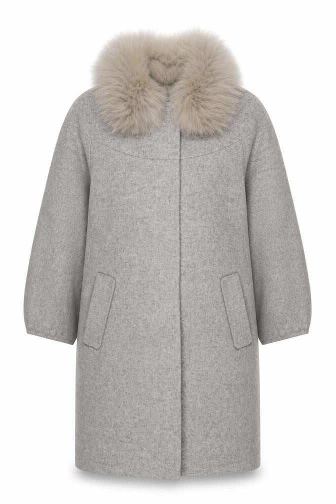 Front view of OZZO Women’s Grey Wool Fur Collar Long Overcoat, size UK 8