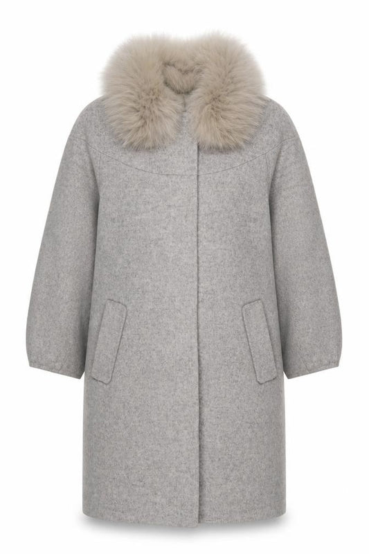 Front view of OZZO Women’s Grey Wool Fur Collar Long Overcoat, size UK 8
