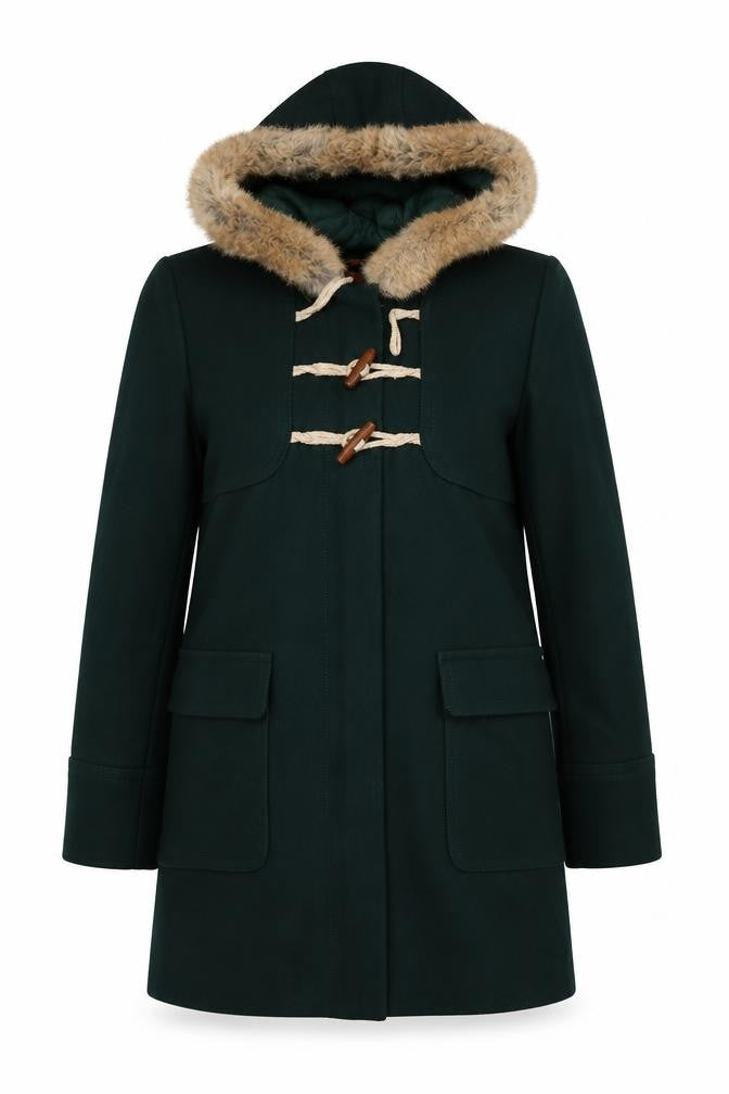 Front view of Comptoir des Cotonniers Women's Green Wool Duffle Coat, size 8