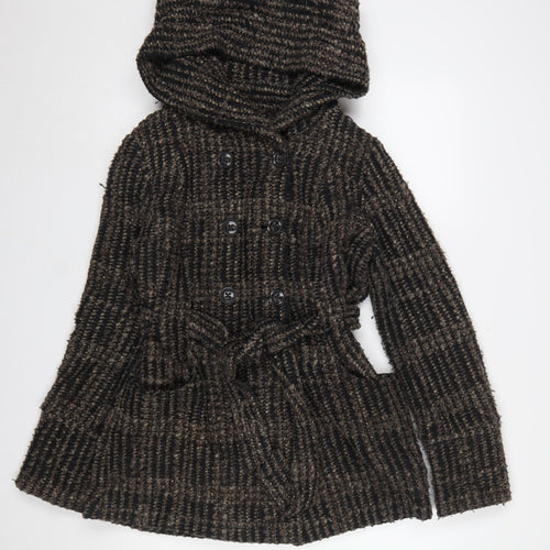 New Look Women’s Brown Check Belted Hooded Pea Coat UK 10