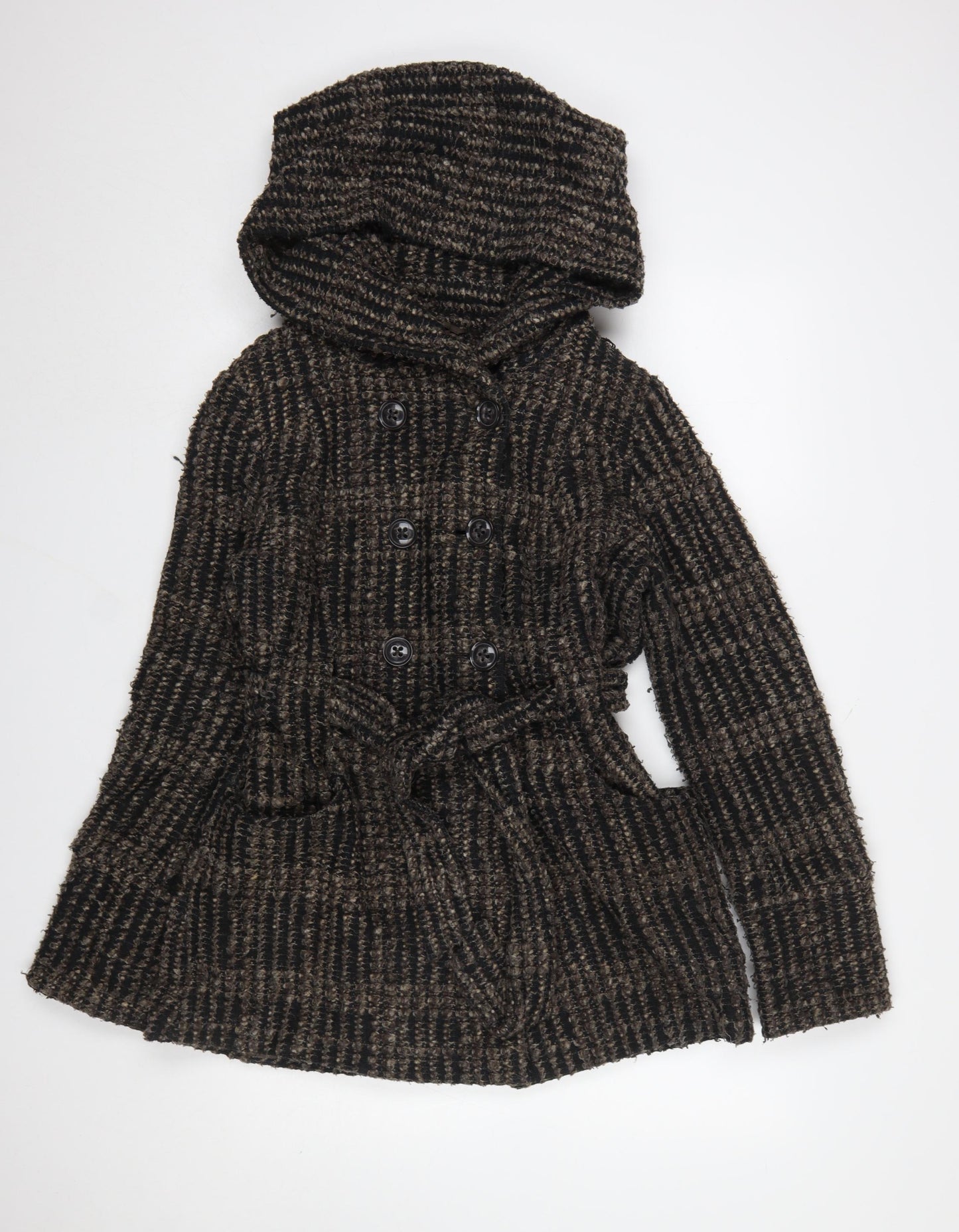 New Look Women’s Brown Check Belted Hooded Pea Coat UK 10