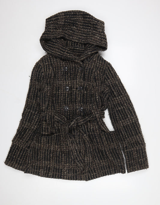 New Look Women’s Brown Check Belted Hooded Pea Coat UK 10