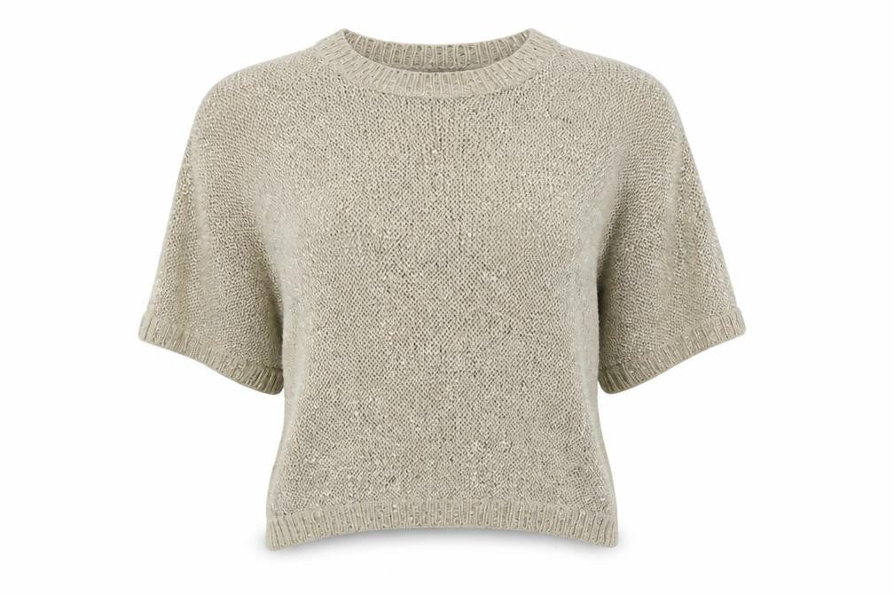 Front view of Tommy Hilfiger Teens Beige Sequin Knit Cropped Blouse, size 8