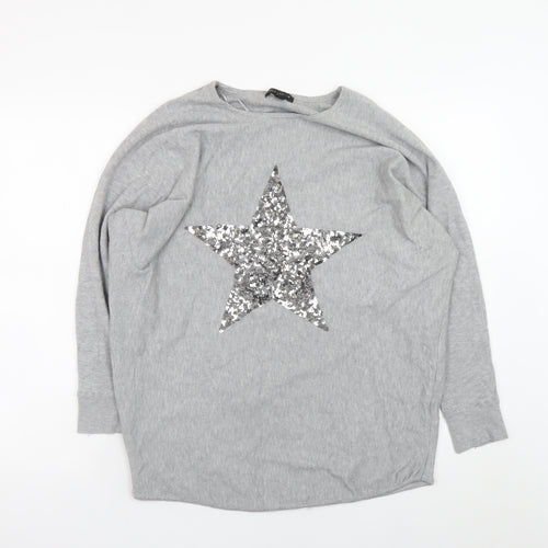 QED London Women's Grey Sequin Star Jumper M/L Relaxed Fit Knitwear