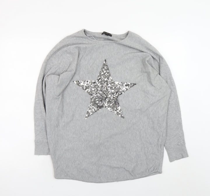 QED London Women's Grey Sequin Star Jumper M/L Relaxed Fit Knitwear