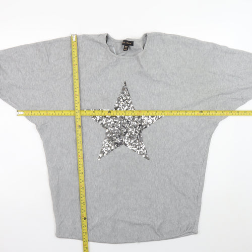 QED London Women's Grey Sequin Star Jumper M/L Relaxed Fit Knitwear