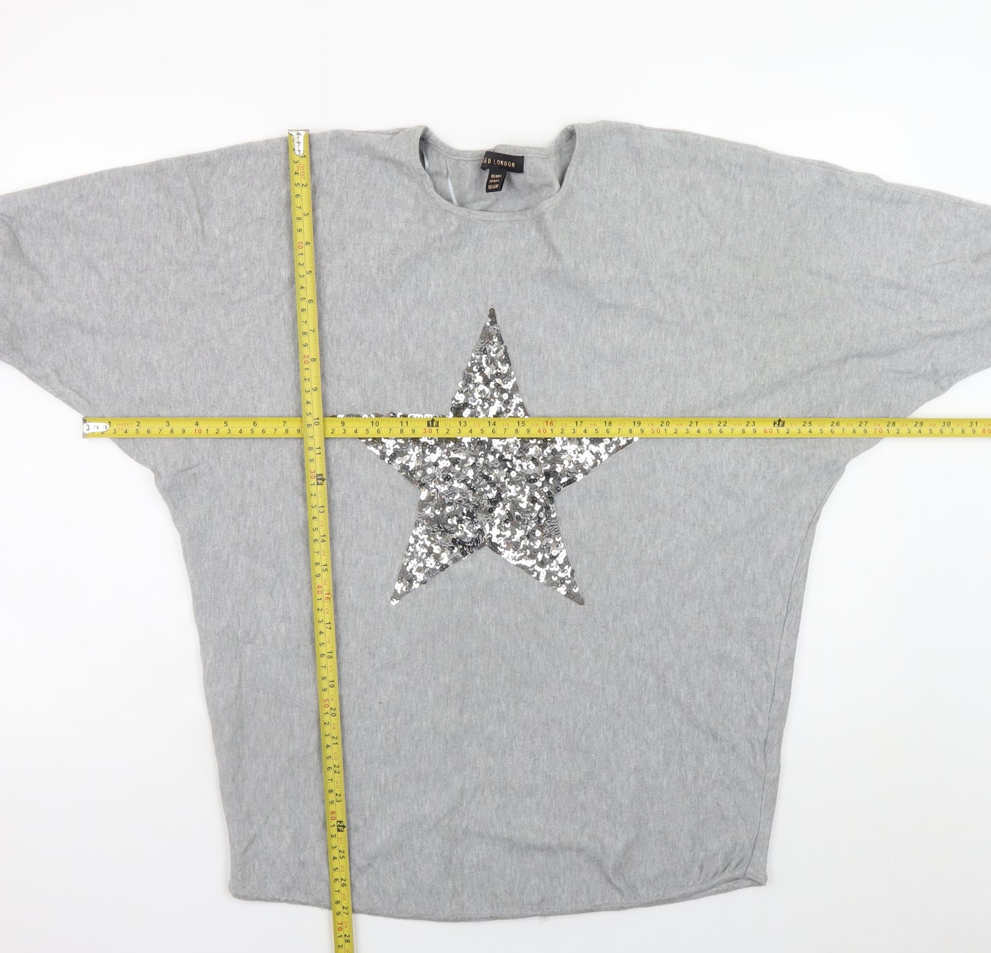 QED London Women's Grey Sequin Star Jumper M/L Relaxed Fit Knitwear