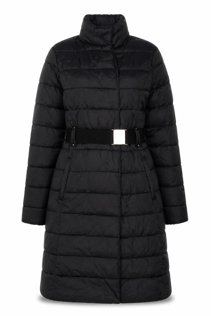 Front view of F&F Women's Black Long Belted Puffer Coat, size 6