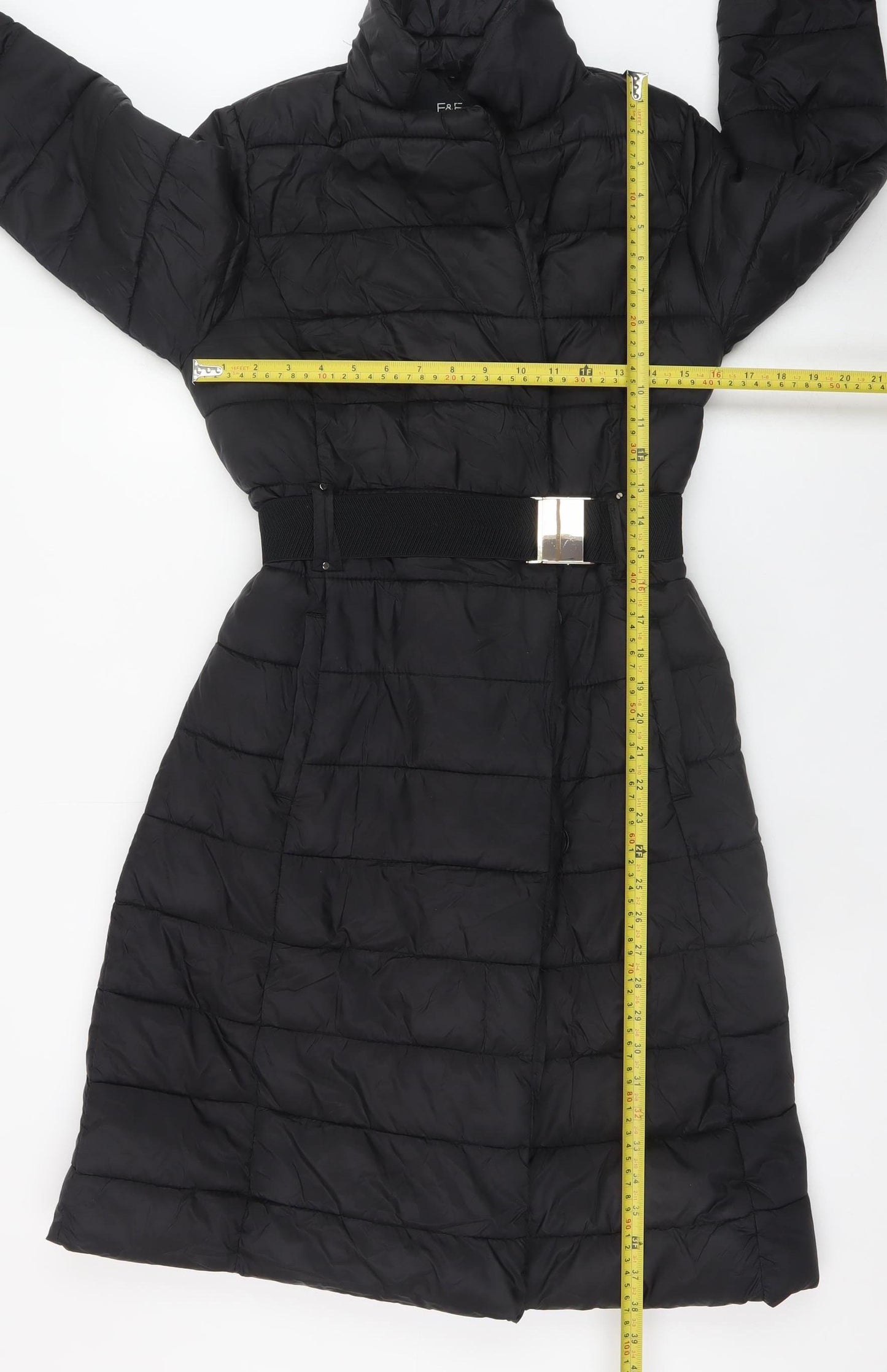 F&F Women's Black Long Belted Puffer Coat Size 6