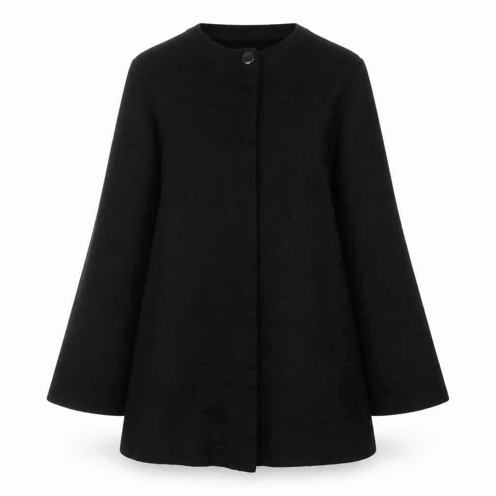 Front view of Marks & Spencer Women’s Black Wool Collarless Mid-Length Coat, size UK 12