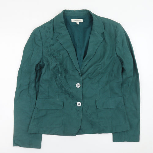 Laura Ashley Women's Green Linen Blazer UK 12 Single-Breasted Embroidered
