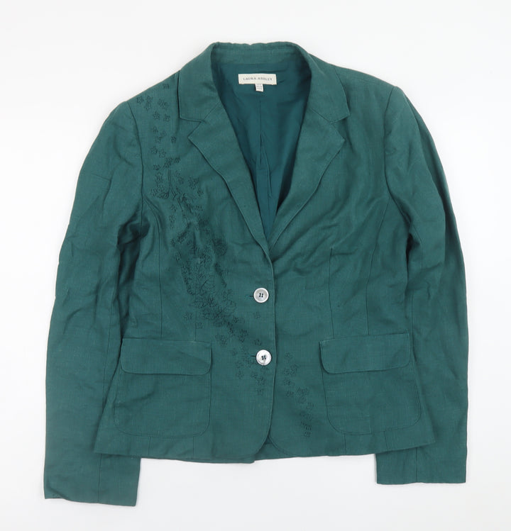 Laura Ashley Women's Green Linen Blazer UK 12 Single-Breasted Embroidered