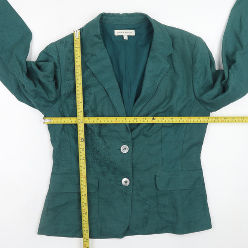 Laura Ashley Women's Green Linen Blazer UK 12 Single-Breasted Embroidered