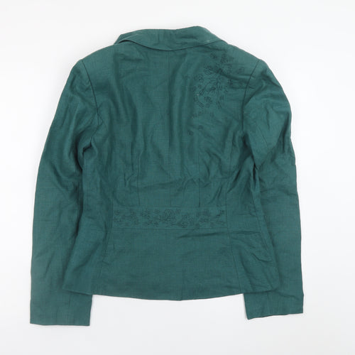 Laura Ashley Women's Green Linen Blazer UK 12 Single-Breasted Embroidered