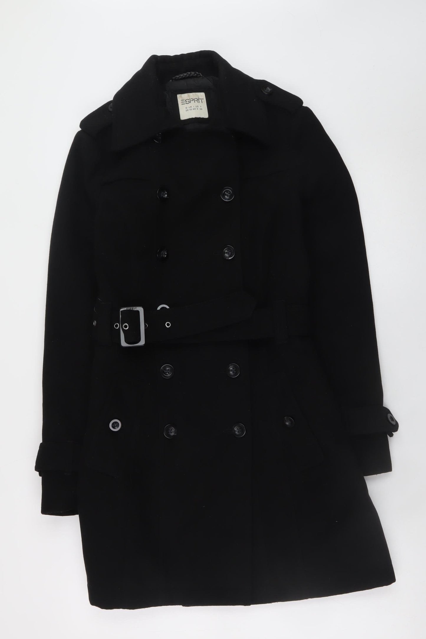 Esprit Women's Black Wool Trench Coat UK 10 Belted Double-Breasted