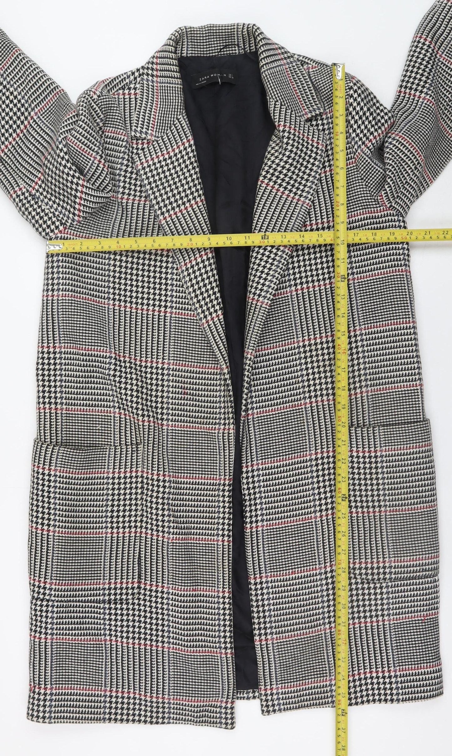 Zara Woman Grey Checked Long Overcoat Lined Coat Size L