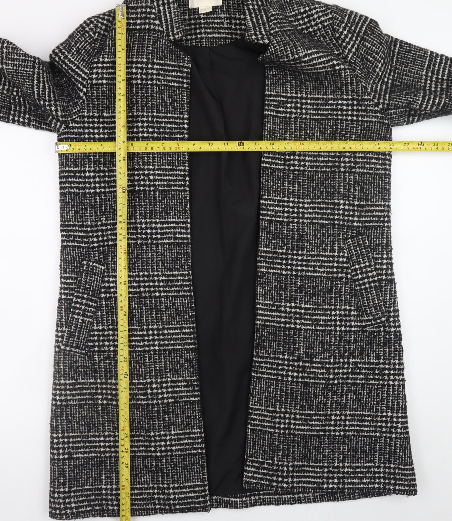 H&M Womens Black Checked Wool Blend Mid-Length Coat Size 14