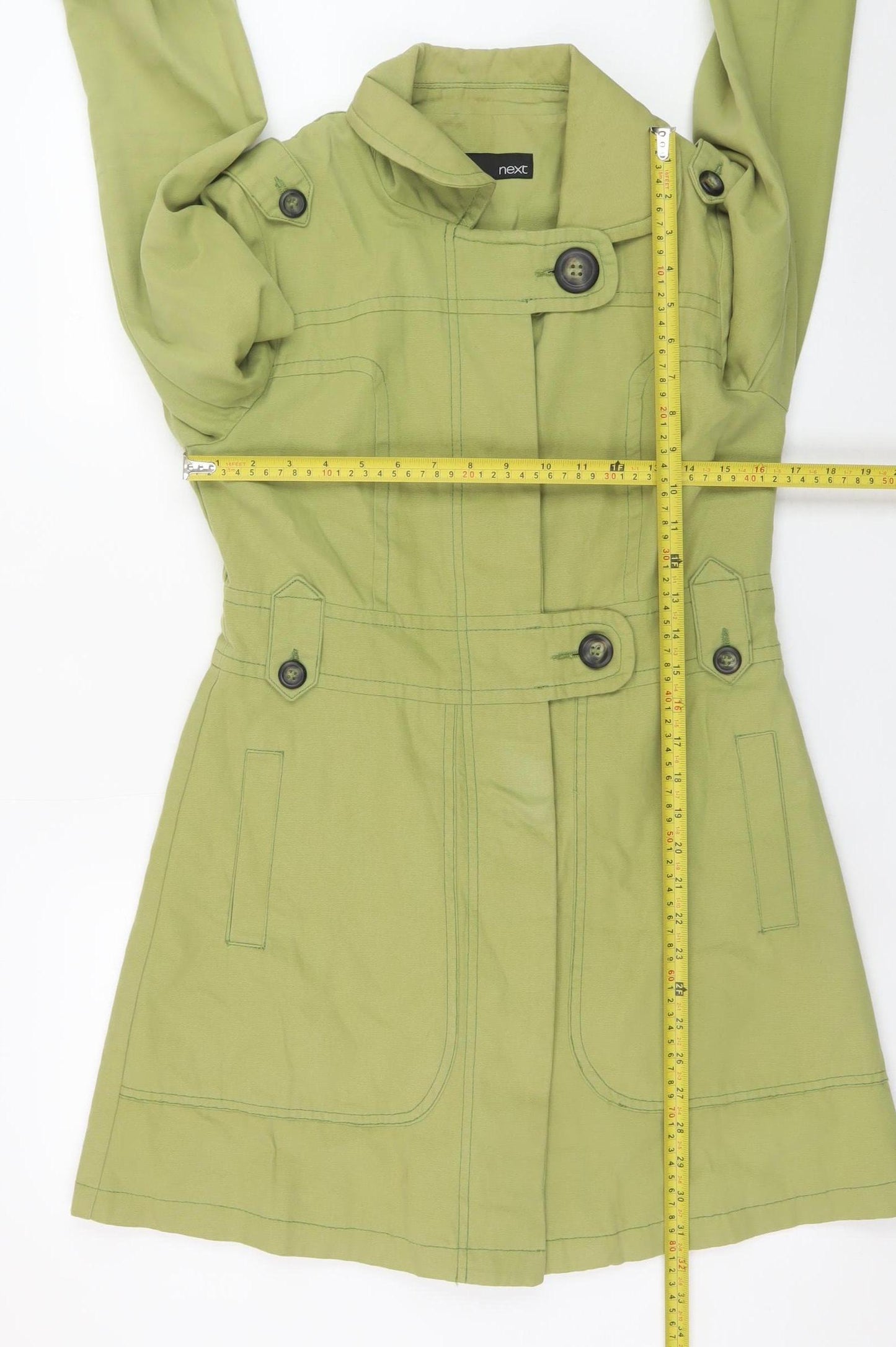 Next Women's Green Cotton Trench Coat Size 10 Belted Mid-Length