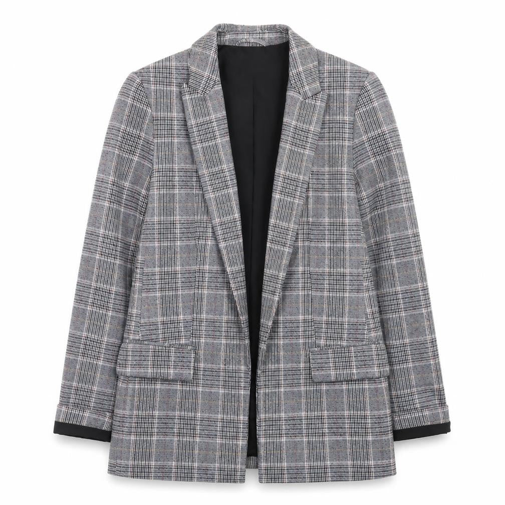 Front view of H&M women’s grey check blazer jacket, size UK 6, plaid single breasted
