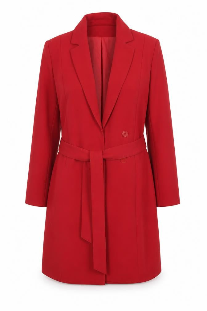 Front view of H&M Women’s Red Belted Trench Coat, size UK 6, Regular Fit