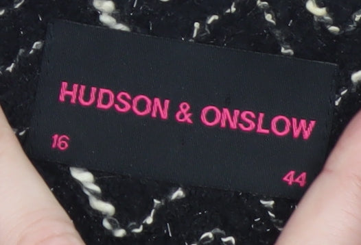 Hudson & Onslow Womens Black Chevron Tweed Blazer Jacket Size 16