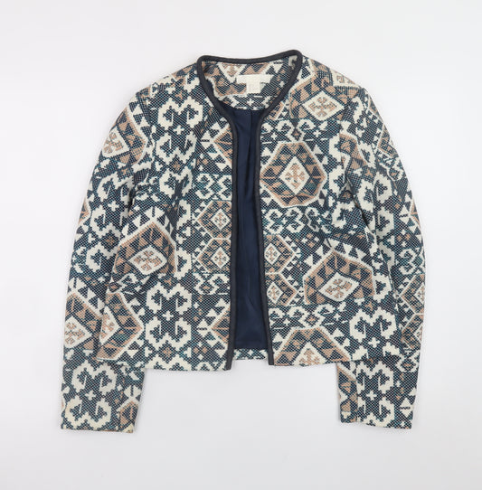 H&M Women Blue Geometric Blazer Jacket Size 8 Lined Lightweight