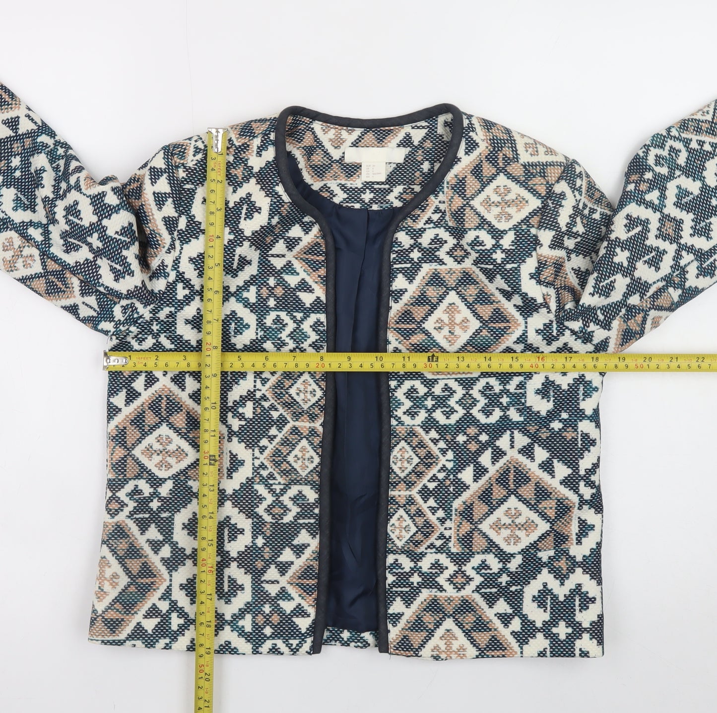 H&M Women Blue Geometric Blazer Jacket Size 8 Lined Lightweight