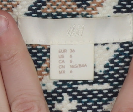 H&M Women Blue Geometric Blazer Jacket Size 8 Lined Lightweight