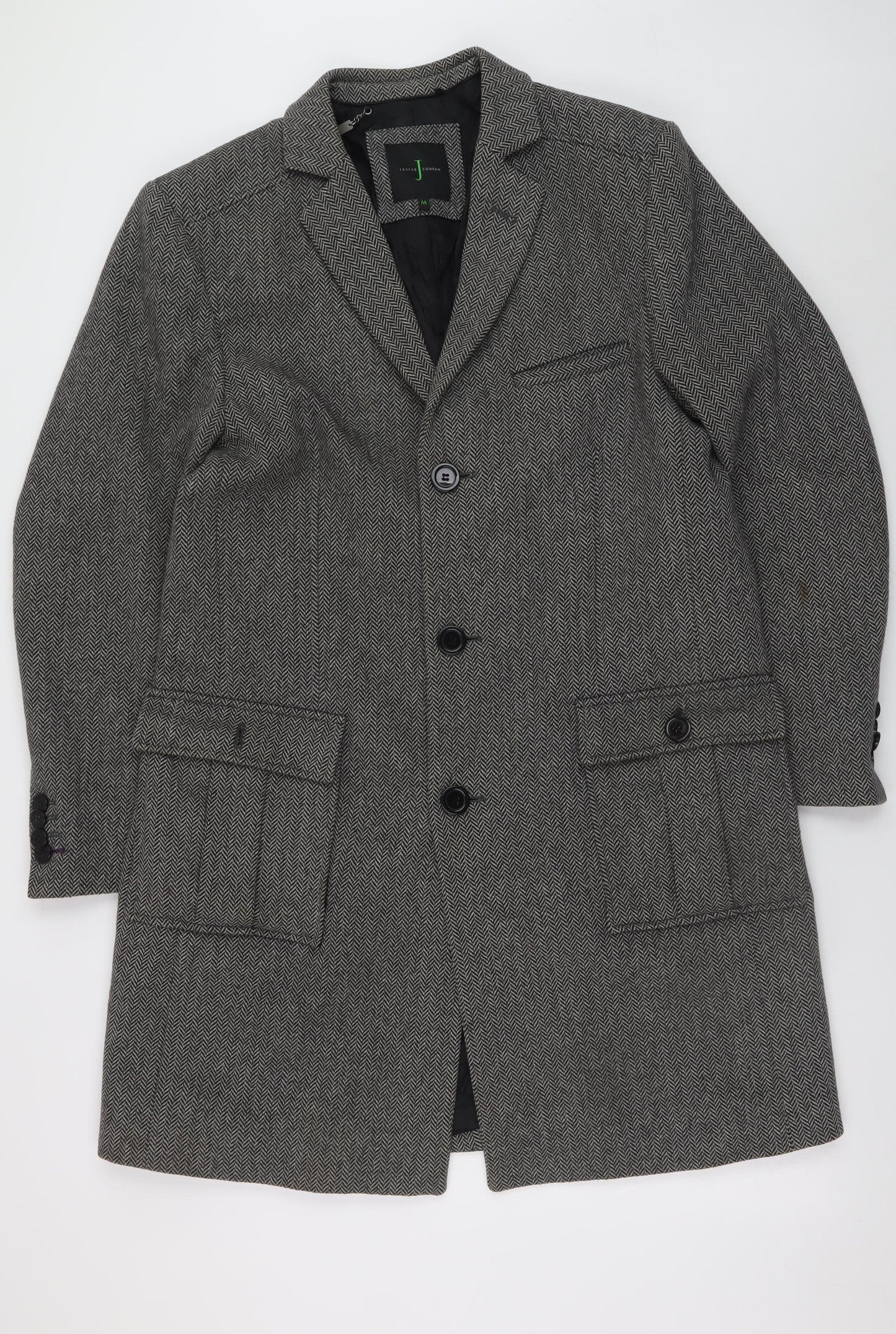 Jasper Conran Men's Grey Herringbone Wool Blend Overcoat M