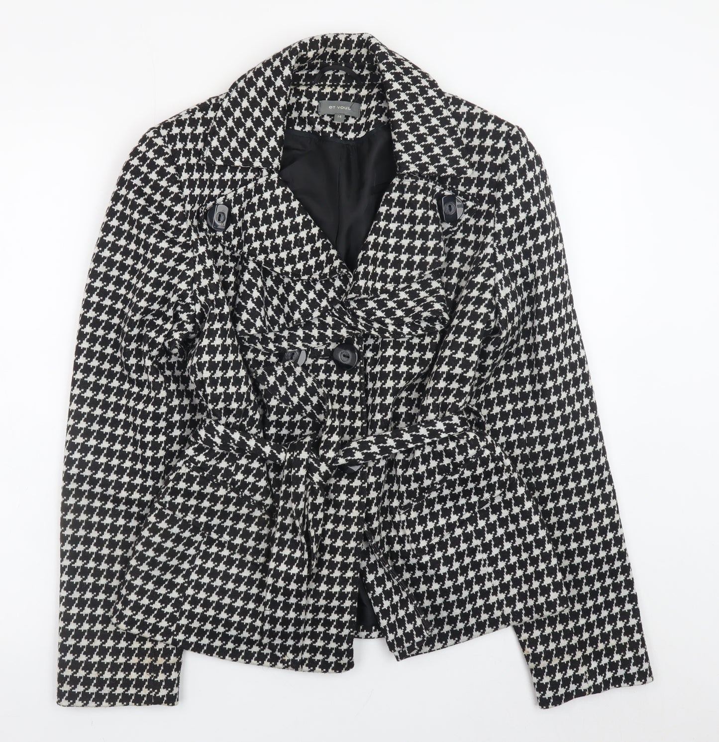 Et Vous Women's Black Houndstooth Belted Trench Coat Size 14
