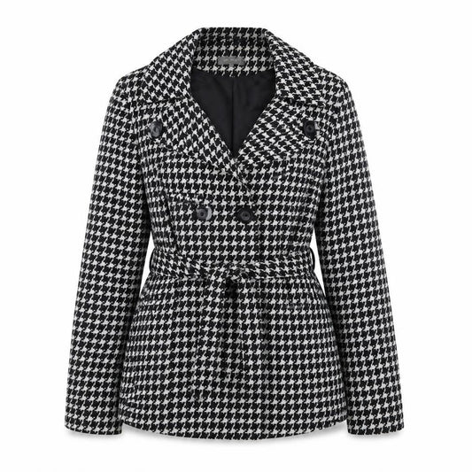 Front view of Et Vous Women's Black Houndstooth Belted Trench Coat, size 14