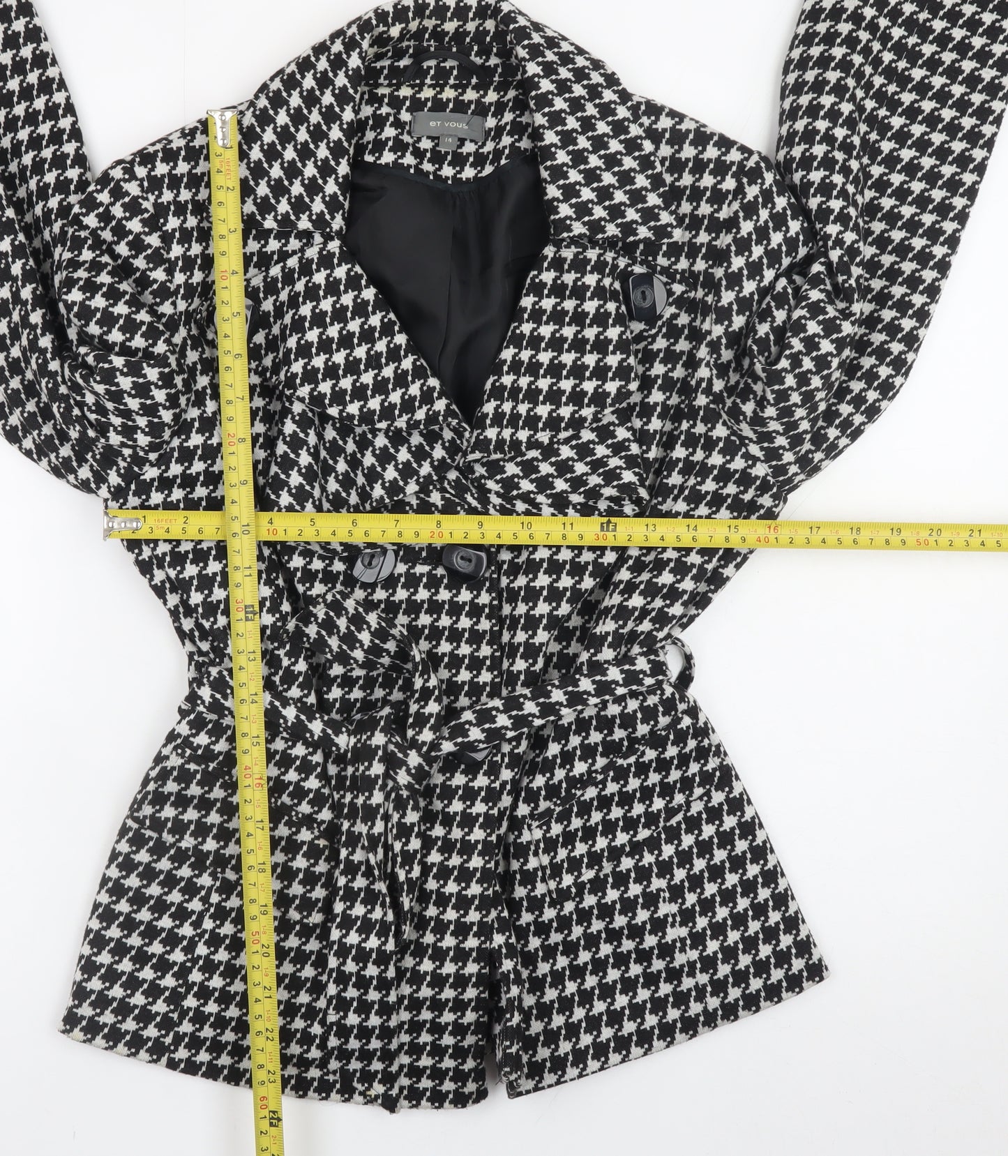 Et Vous Women's Black Houndstooth Belted Trench Coat Size 14