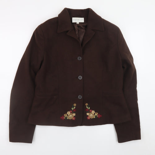 Hennes Women Brown Wool Blend Embroidered Blazer Jacket Size 16